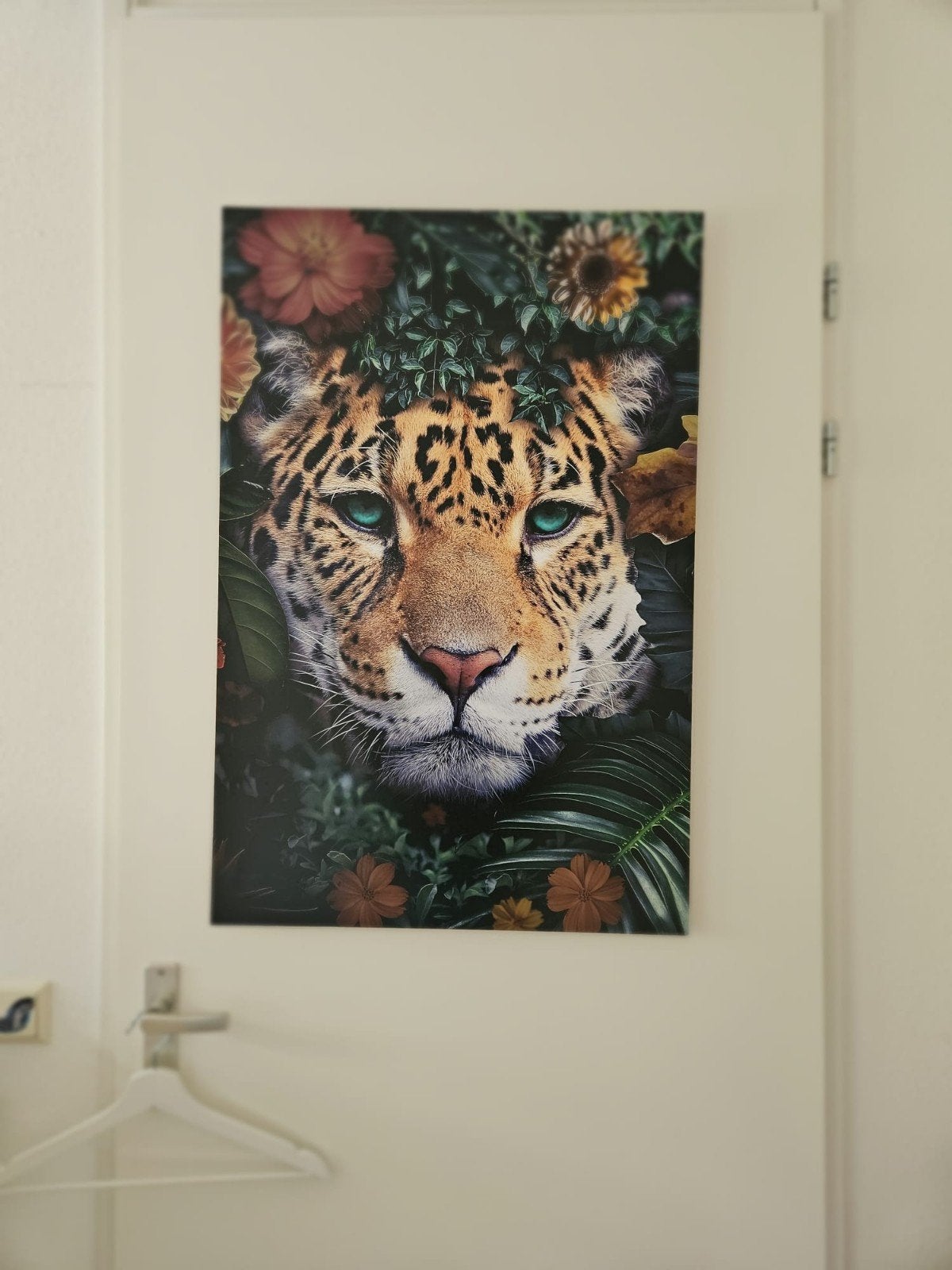 Mooie wandplaat met luipaard en botanische print, Hout, Meerkleurig, Ophalen of Verzenden, Zo goed als nieuw