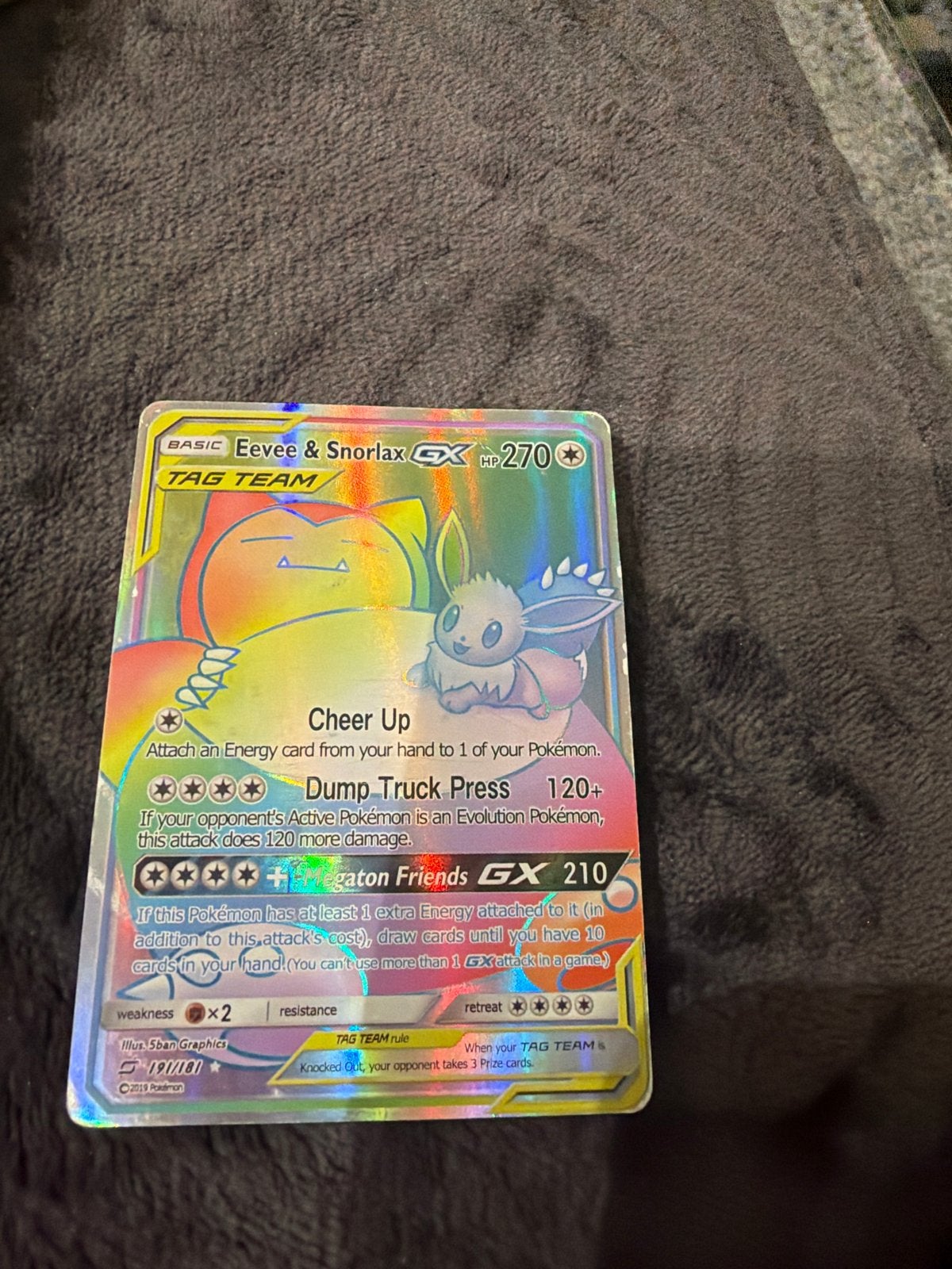 Pokémon Eevee & Snorlax GX TAG TEAM Kaart, Ophalen of Verzenden, Zo goed als nieuw, Losse kaart, Foil