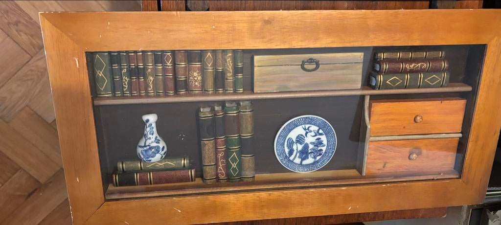 Vintage 3D Boekenkast Schilderij in Houten Lijst, Antiek en Kunst, Kunst | Schilderijen | Klassiek, Ophalen of Verzenden