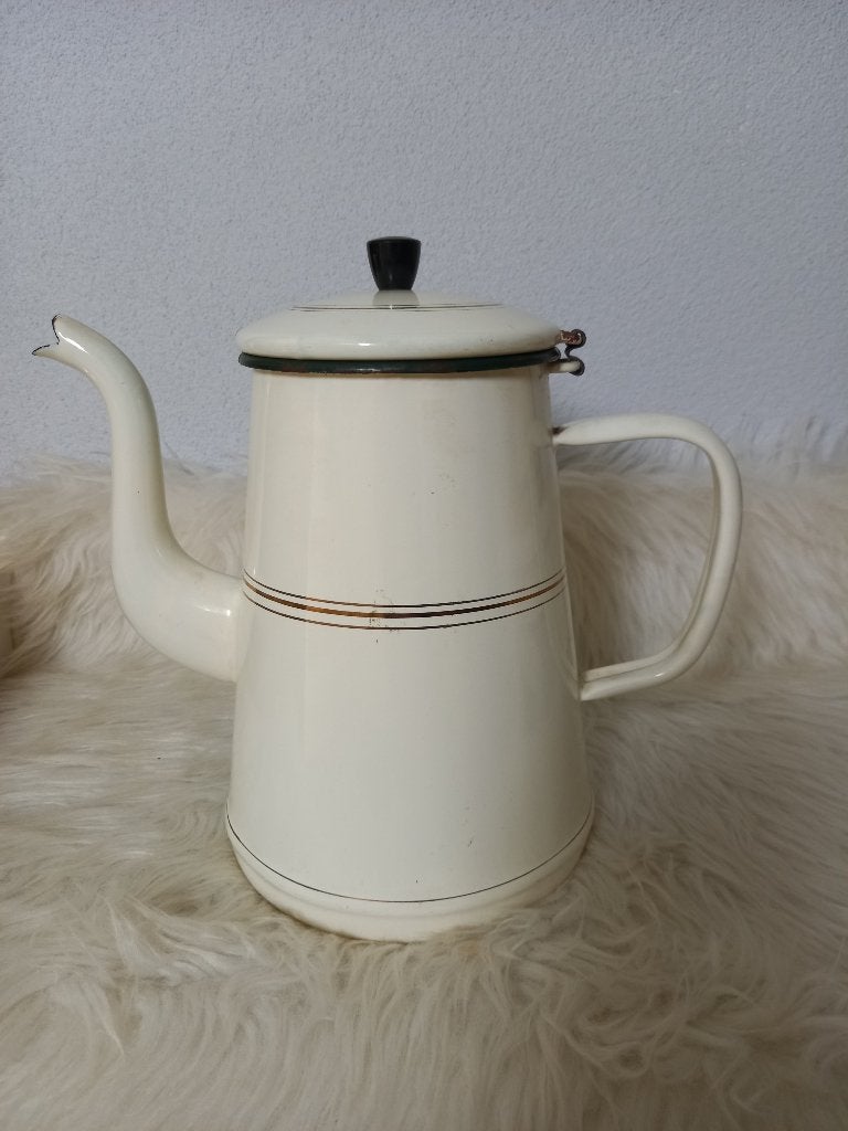 Brocante Grote Emaille Koffiepot - Koffiekan Creme met Bies, Ophalen of Verzenden