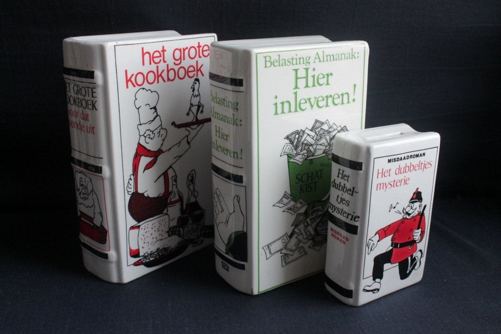 Boeksimulanten, boekvormige spaarpotten van keramiek, Verzamelen, Ophalen of Verzenden, Zo goed als nieuw, Steen, Aardewerk of Keramiek