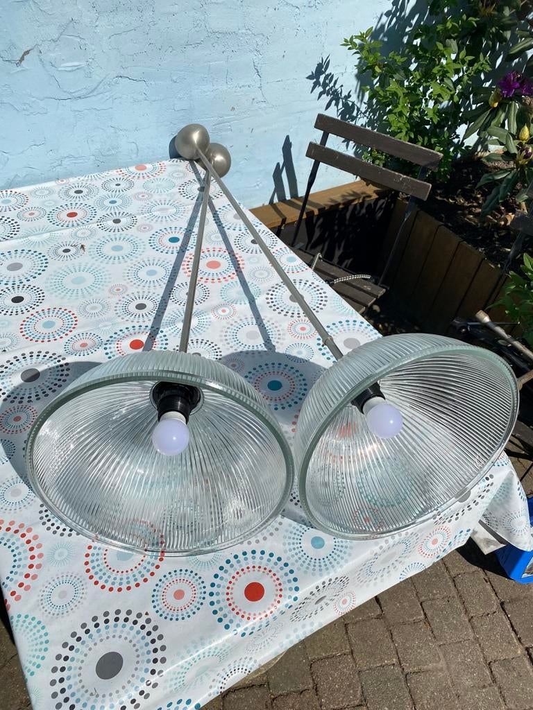 2 vintage, industriële hanglampen van Harco Loor, jaren ‘80, Huis en Inrichting, Ophalen, 75 cm of meer, Jaren '80, industrieel, vintage, Harco Loor