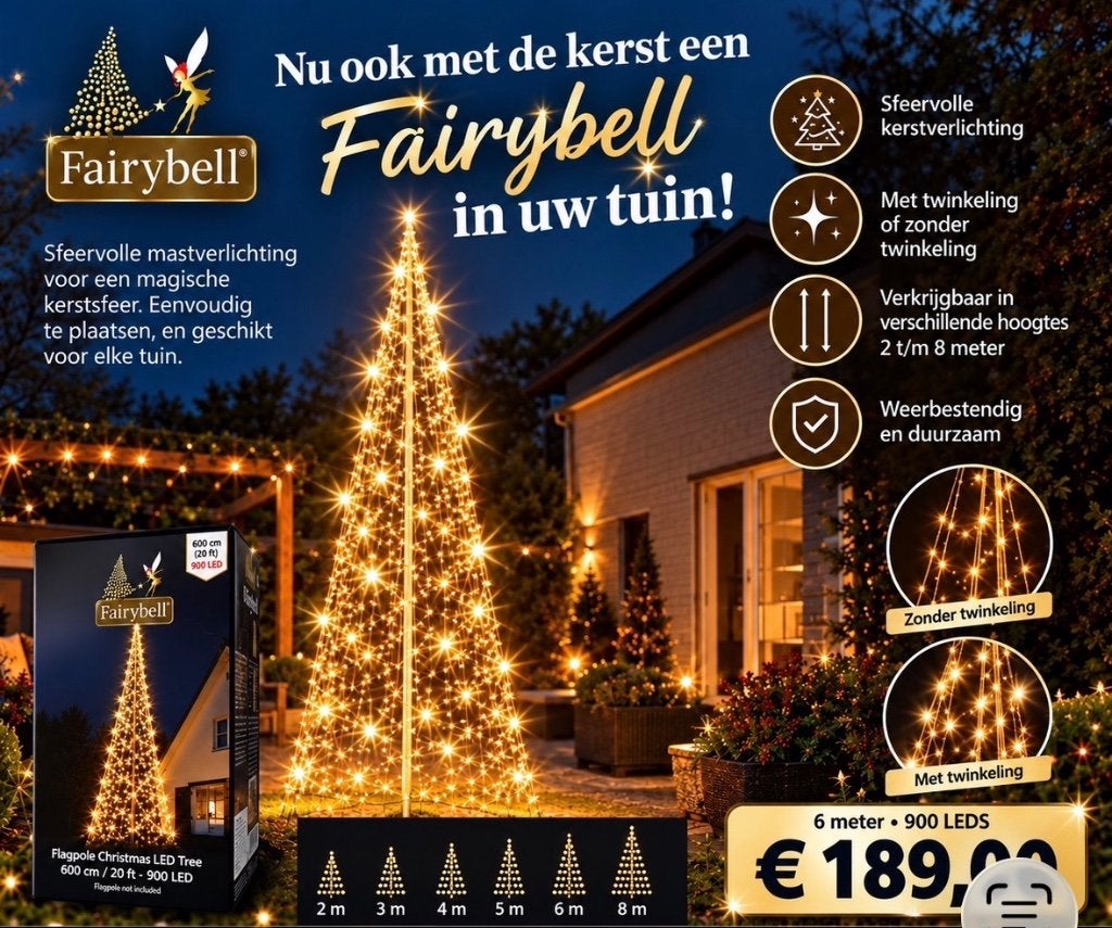 Fairybell mastverlichting 4 tot 8 meter, 6 m. 900leds 189,00, Ophalen of Verzenden, Nieuw