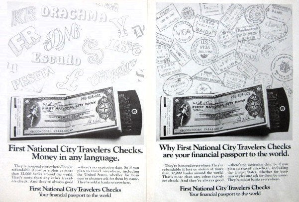 13 vintage advertenties Travelers Cheque Card 69-81 checks, Verzamelen, Ophalen of Verzenden, Zo goed als nieuw, Overige typen