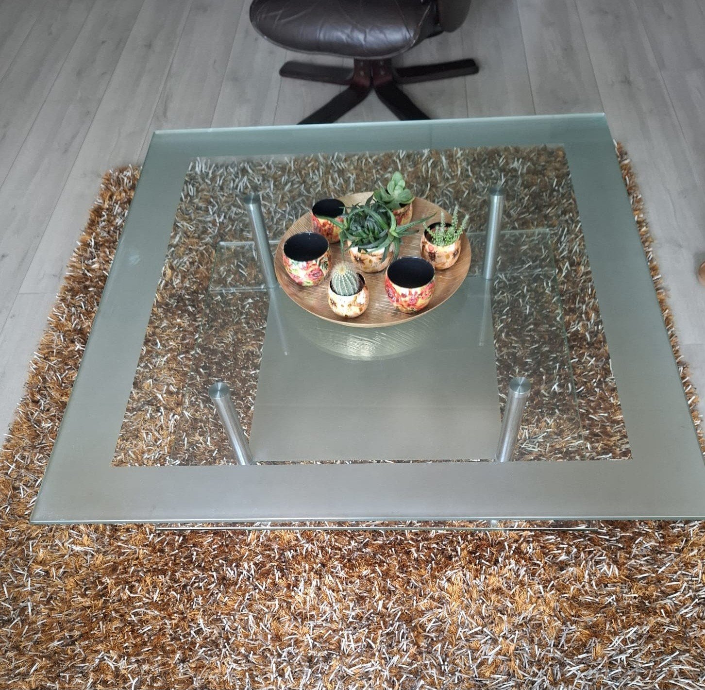 GRATIS Glazen salontafel 100x100, Huis en Inrichting, Ophalen, Gebruikt, Vierkant, Glas