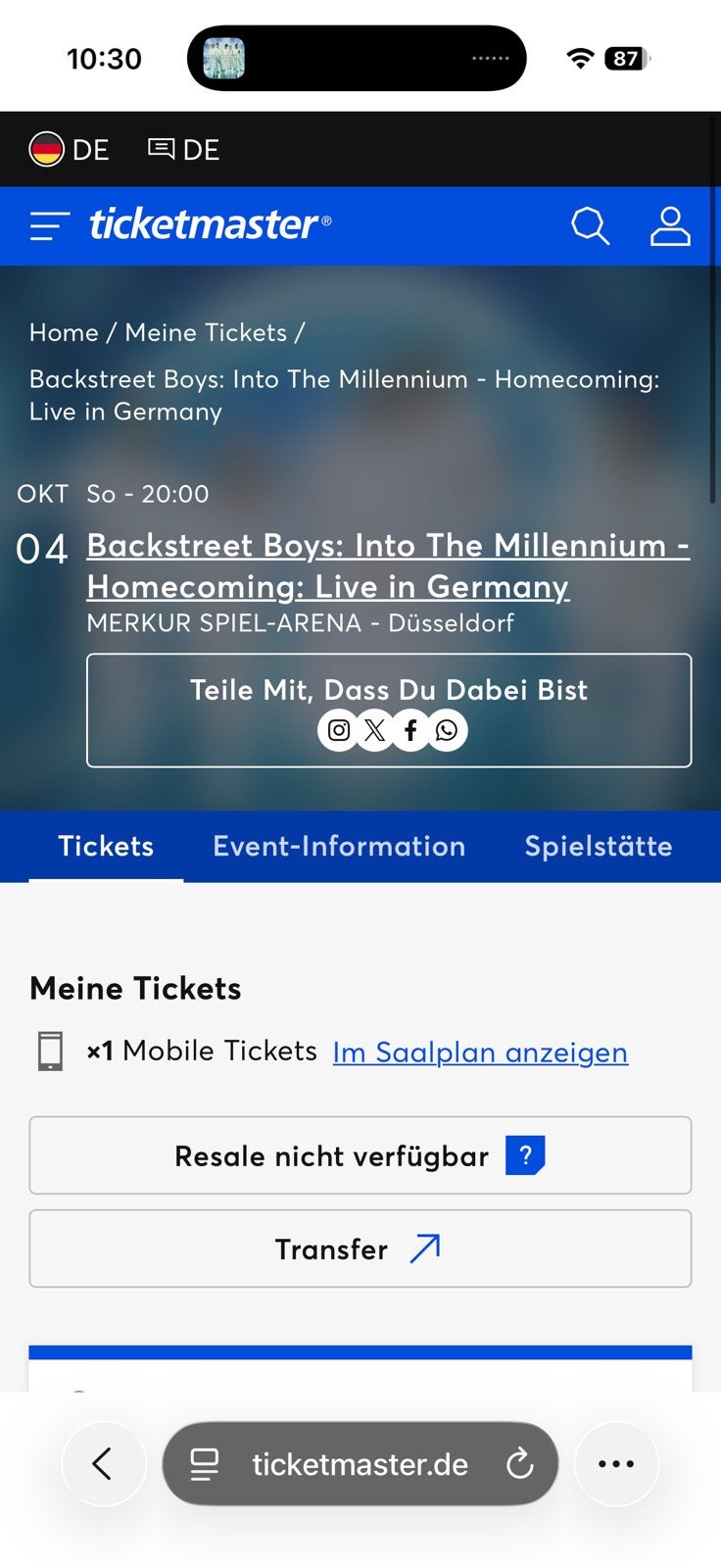 Backstreet Boys Ticket 4-10-26 golden circle 2 dusseldorf, Eén persoon