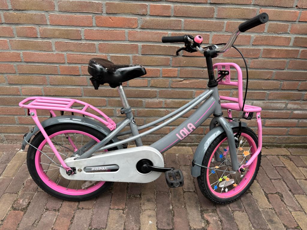 Popal Lola kinderfiets 16 inch - Grijs/Roze, Ophalen, Gebruikt, Terugtraprem, 16 tot 20 inch