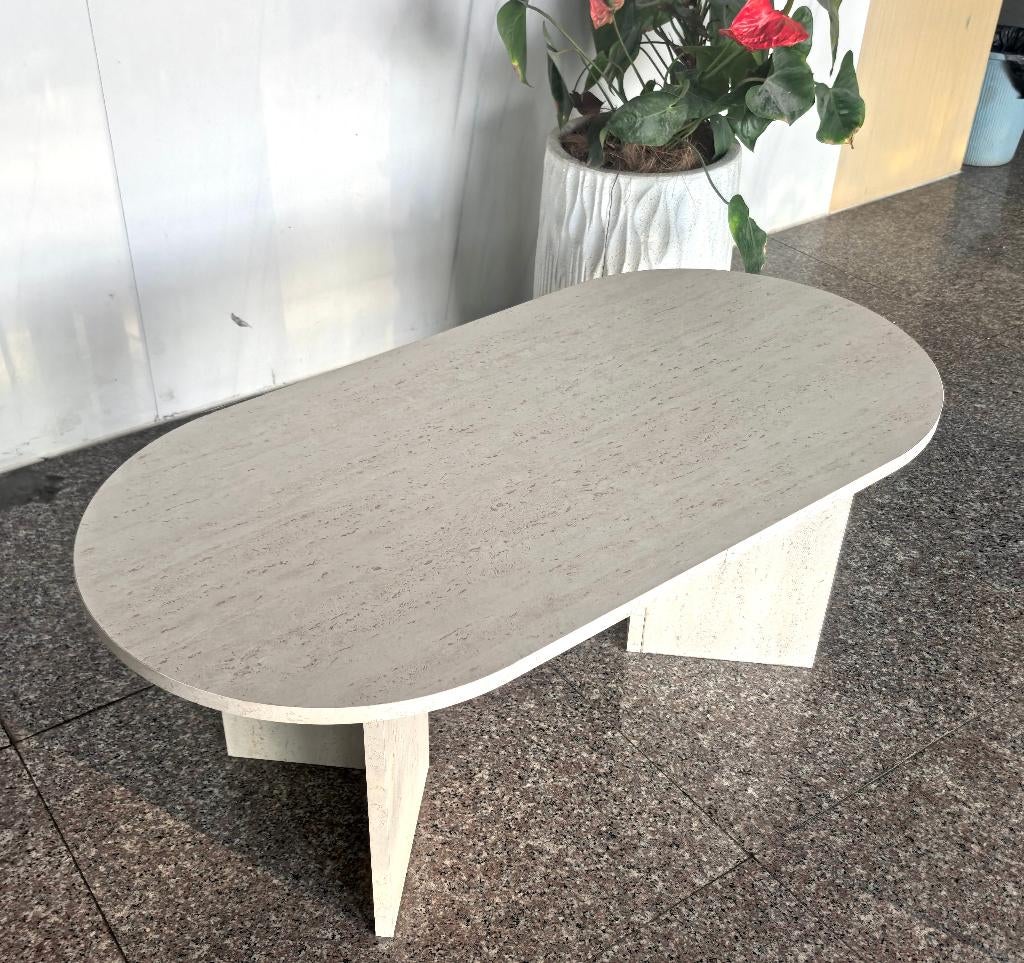 Home Heaven Salontafel ovaal wit travertine look 100x50cm, 50 tot 100 cm, Nieuw, Modern, Minder dan 50 cm
