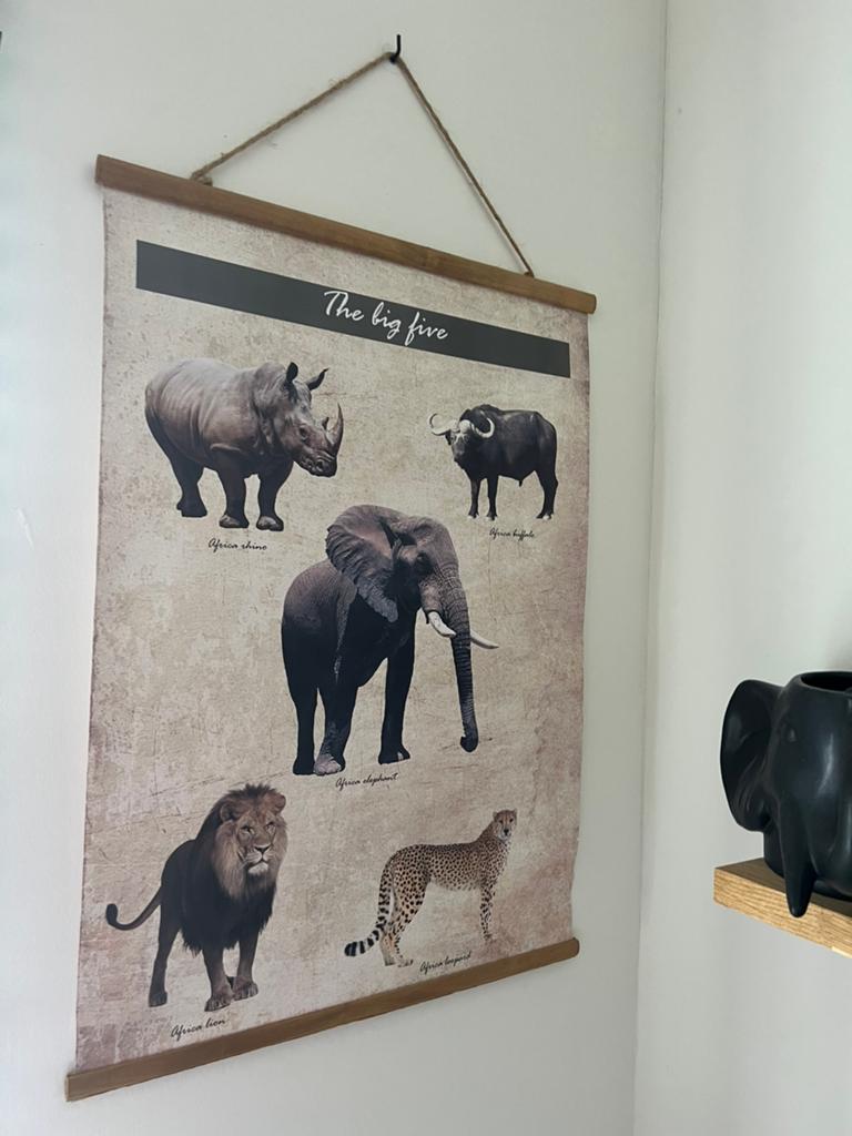 Schoolplaat 'The Big Five' - Safari Dieren 50* 70 cm, Meerkleurig, Ophalen of Verzenden, Zo goed als nieuw, Met ophangsysteem