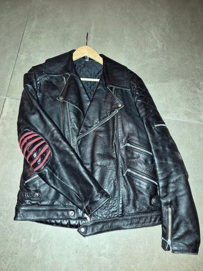 Vintage leren motorjas met rode accenten, Ophalen of Verzenden, Tweedehands, Heren, Jas | leer