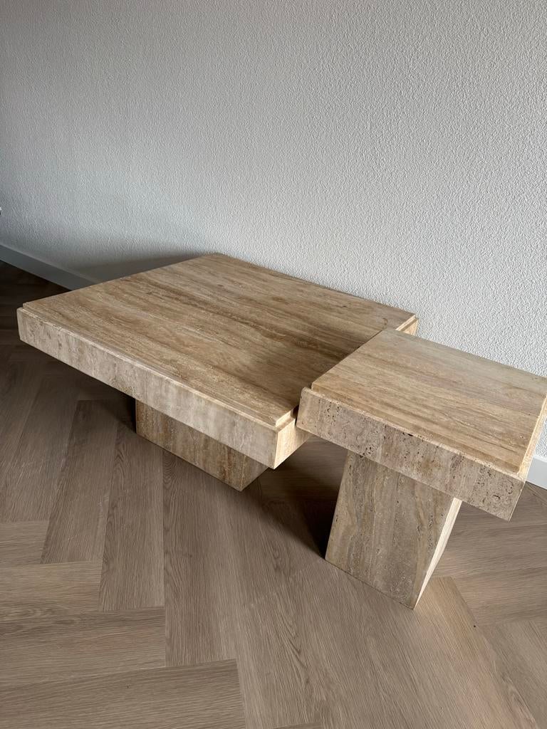 Design salontafel set travertine | NIEUW | uit collectie, Ophalen, Overige materialen, 50 tot 100 cm, Vierkant