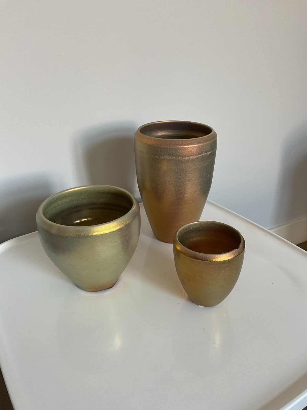 3 gouden Mobach bloempotten/ vazen, Ophalen, Zo goed als nieuw, Goud, Steen/keramiek
