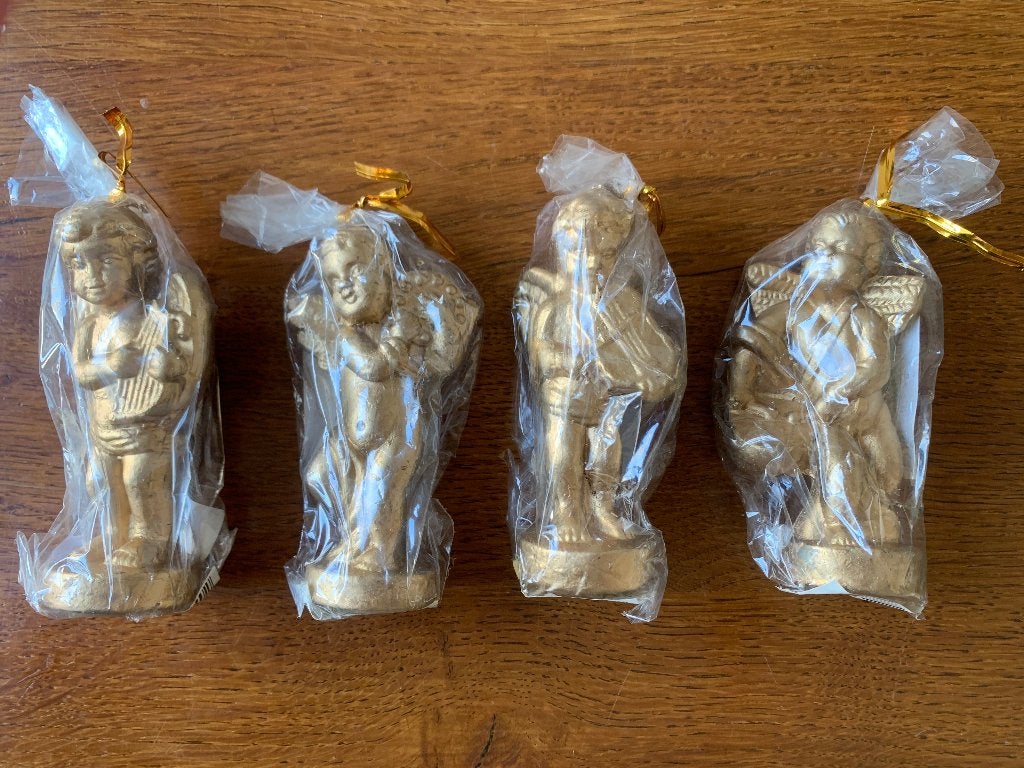 4 "Engeltjes" met Muziekinstrumenten 'Goudkleurige' Kaarsen, Huis en Inrichting, Woonaccessoires | Kandelaars en Kaarsen, Ophalen of Verzenden