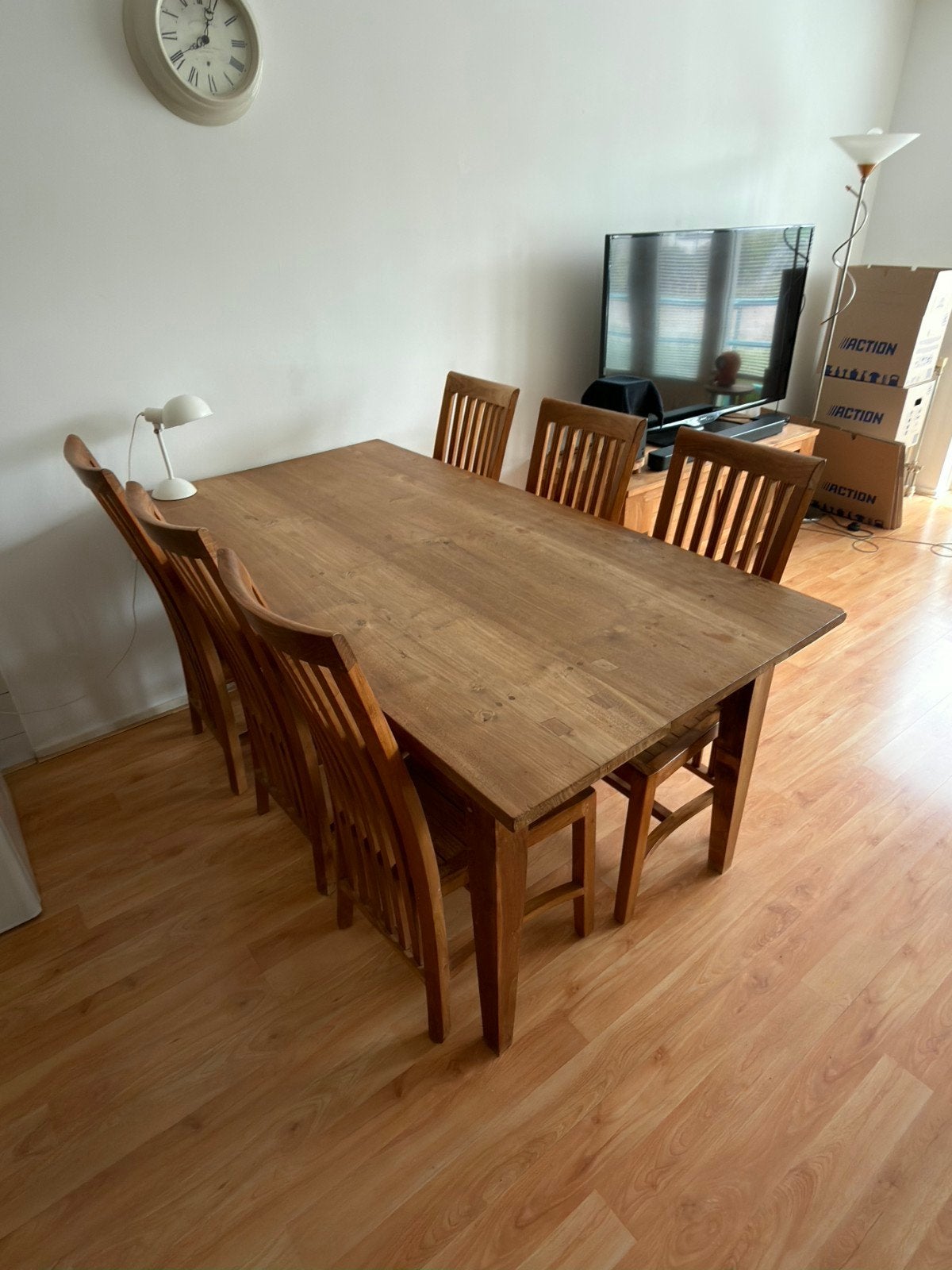 Massief indoteak houten eethoek met 6 stoelen Nieuwstaat, Ophalen, Zo goed als nieuw, 4 tot 6 stoelen
