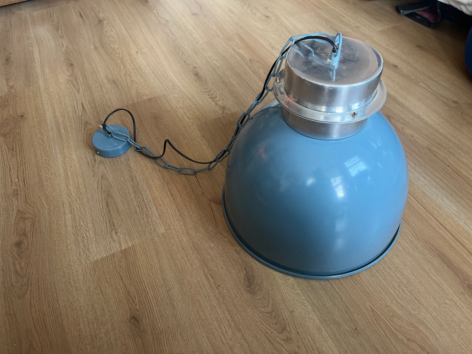 Grote industriële hanglamp - Grijsblauw, Ophalen of Verzenden, Gebruikt, Metaal, E27 (groot)