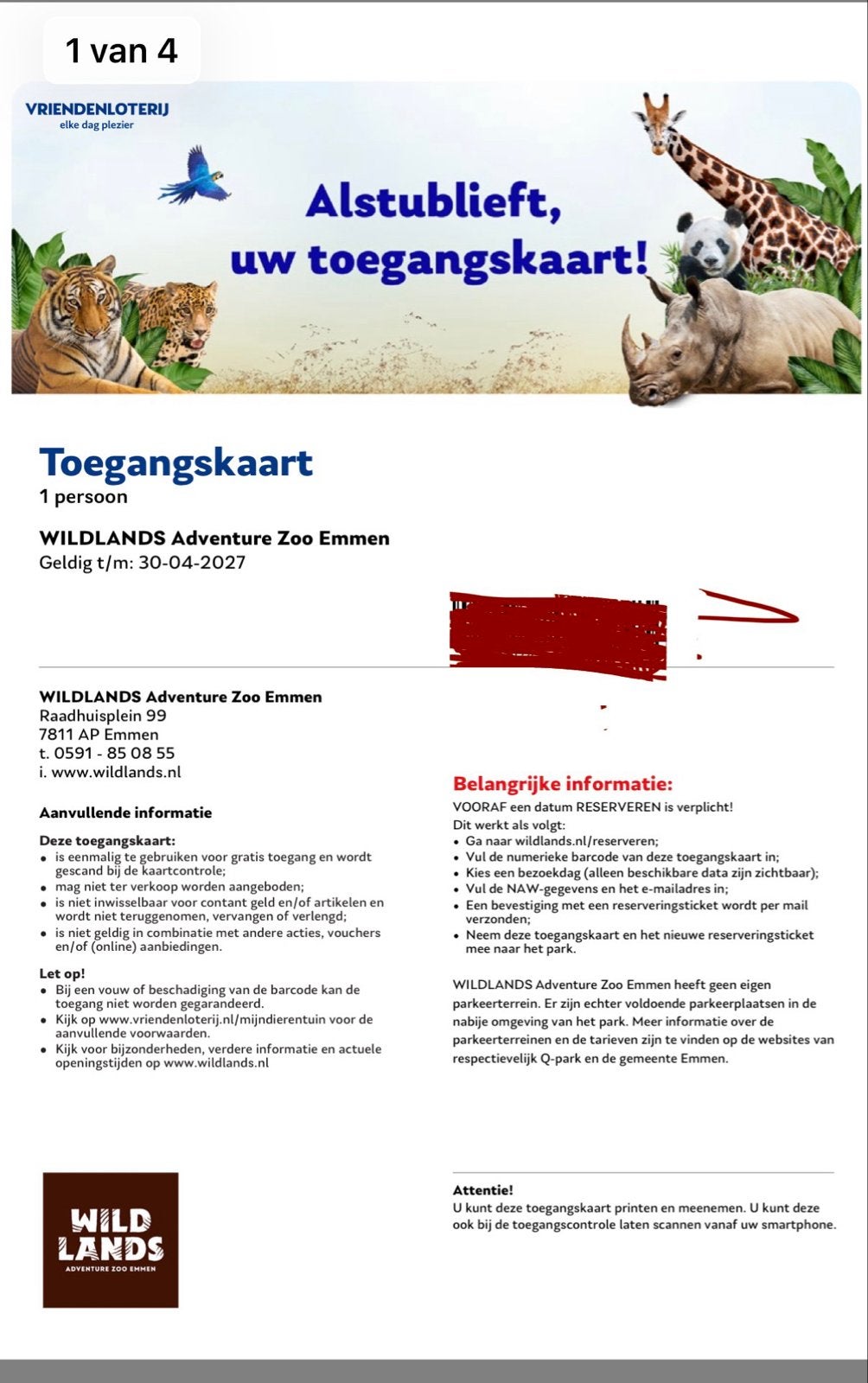 4 WILDLANDS Adventure Zoo kaarten Geldig t/m: 30-04-2027, Drie personen of meer, Ticket of Toegangskaart