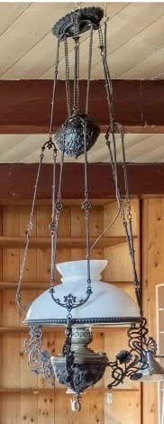 Antieke olielamp / hanglamp met katrolsysteem, Ophalen