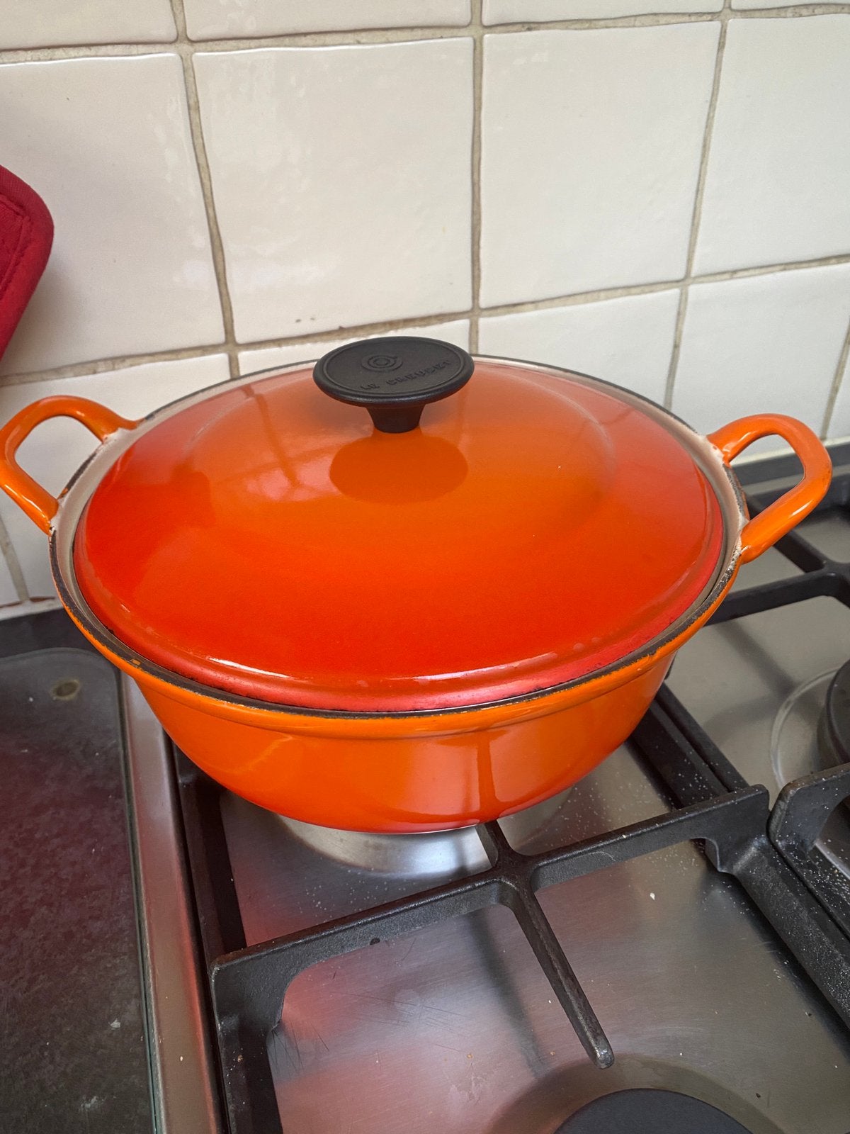 Vintage Le Creuset pan-24 cm-oranje-gietijzer-Made in France, Gebruikt, Le Creuset, Ophalen of Verzenden, Met deksel