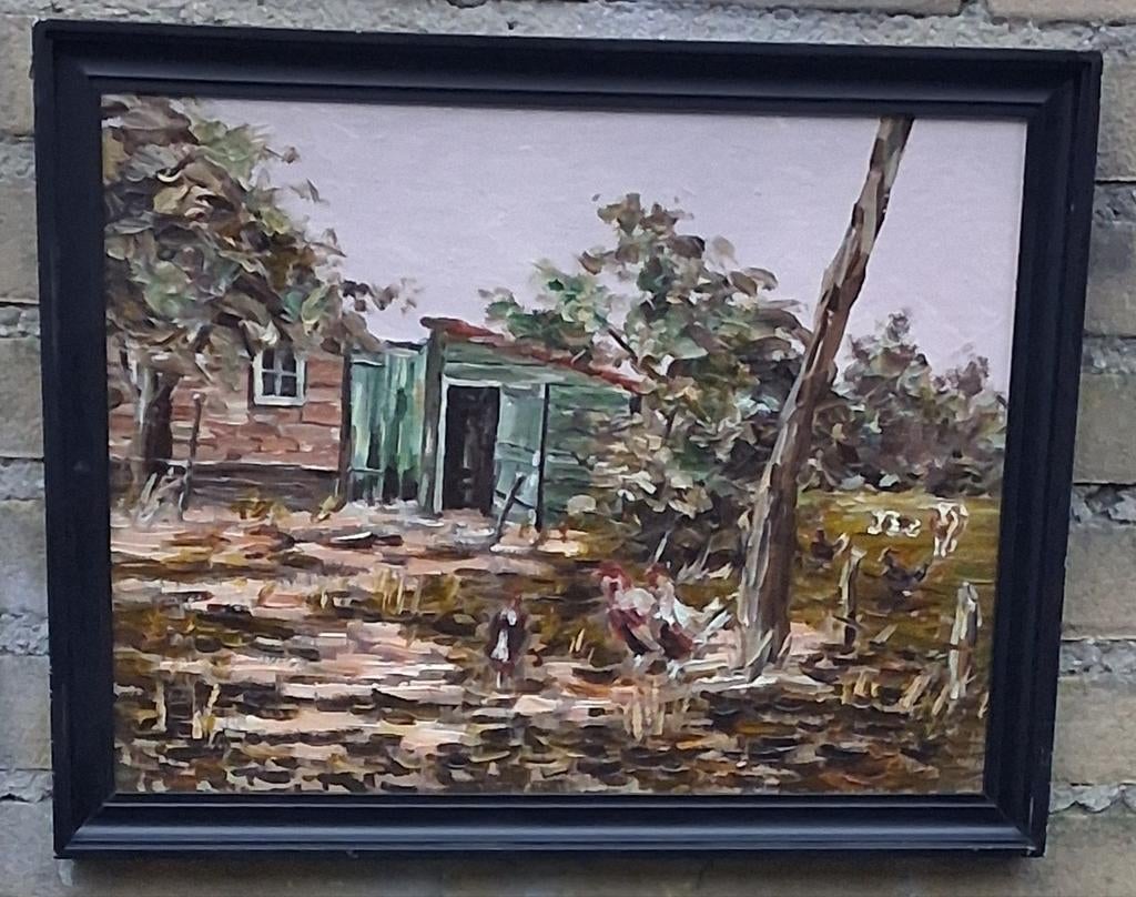 Hoeve met kippen en koeien. Impressionistisch. 44/34 cm., Ophalen