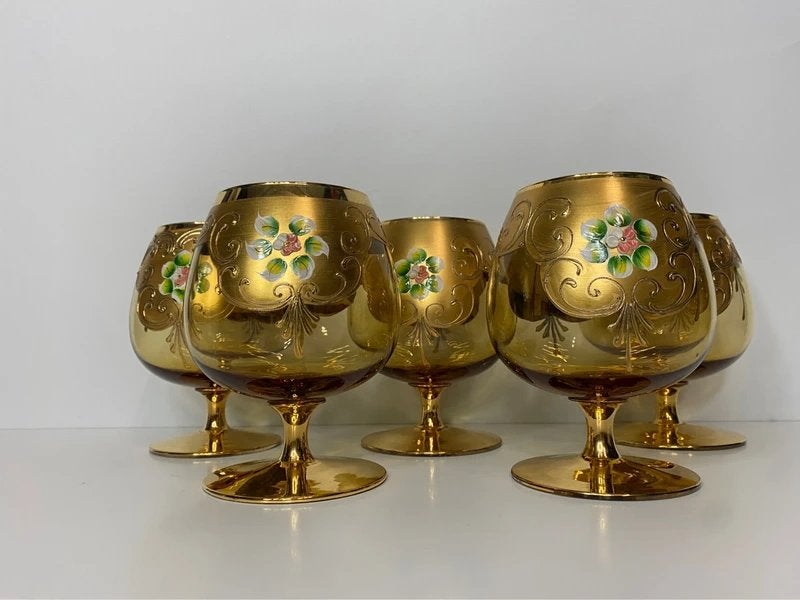 Set van 5 vintage cognacglazen – amberkleurig met gouddecor, Verzamelen, Glas en Borrelglaasjes, Ophalen, Gebruikt, Overige typen