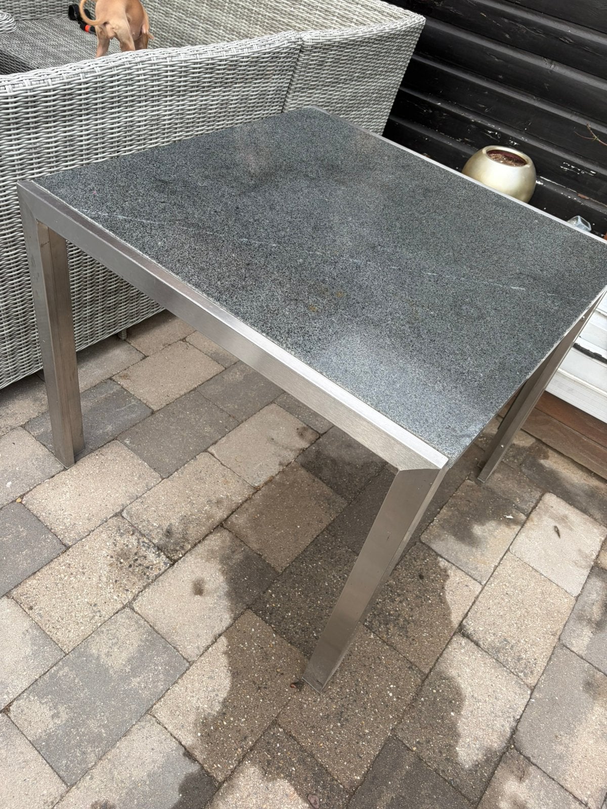 Tuin bijzettafel met granieten blad, Ophalen of Verzenden, Gebruikt, Rechthoekig, Metaal