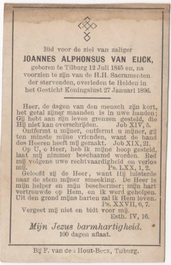 Joannes Alphonsus v. Eijck 1845 Tilburg + 1896 Helden, 50 jr, Verzenden