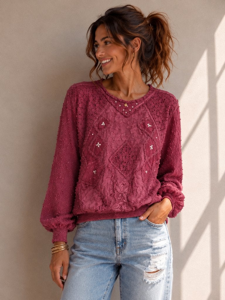 Vintage Bordeaux bohemian trui met parels en kant, maat L-xl, Maat 46/48 (XL) of groter, Ophalen of Verzenden, Zo goed als nieuw