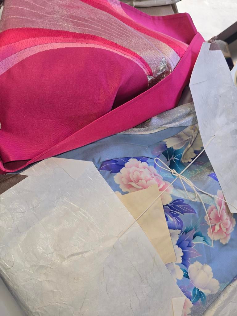 Prachtige Kimono met Bijpassende Obi - Roze en Blauw, Ophalen of Verzenden, Zo goed als nieuw, Maat 38/40 (M), Roze