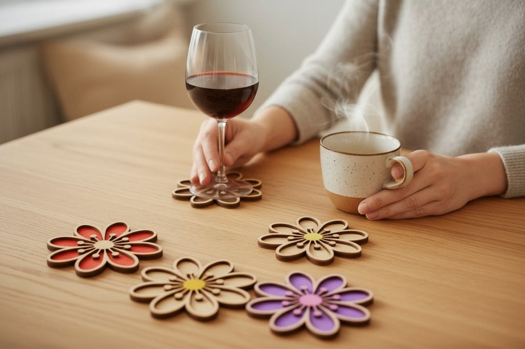 Gepersonaliseerde Bloem Onderzetters Set - + Houten Houder, Hout, Nieuw, Overige kleuren, Personaliseerbaar