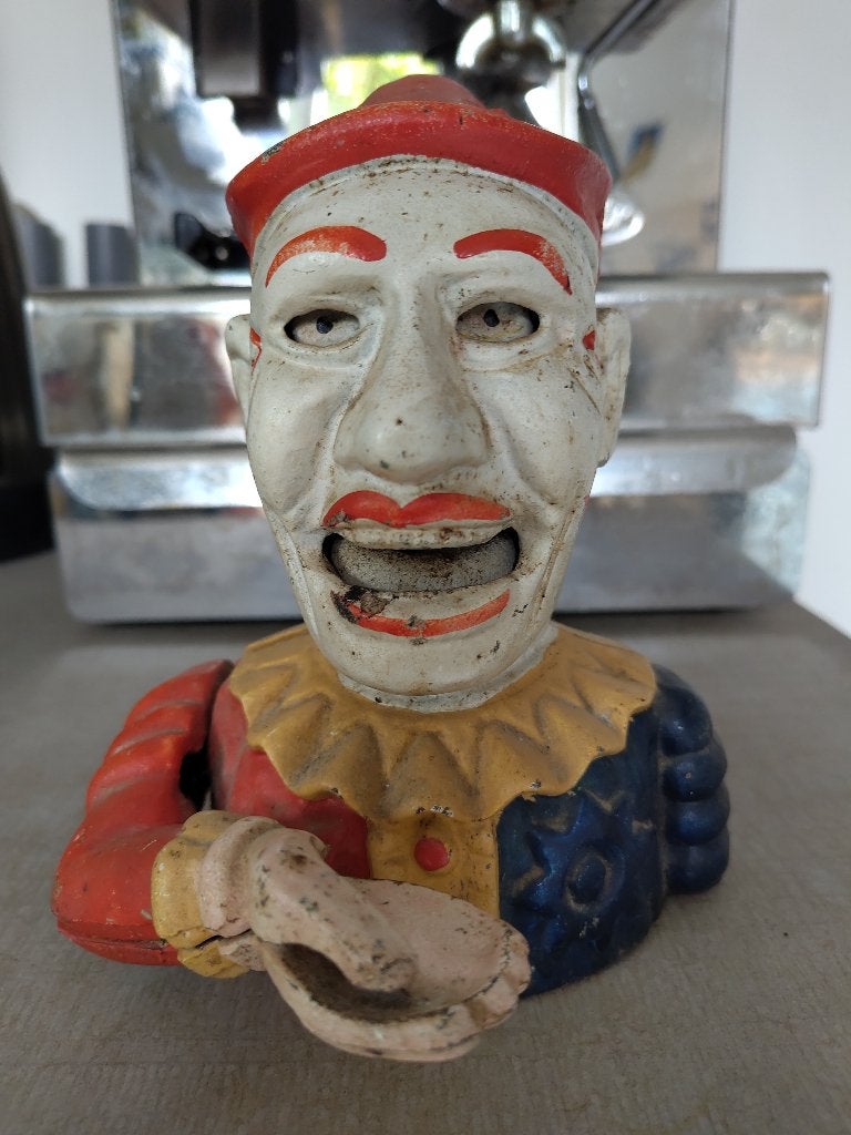 vintage spaarpot clown, Verzamelen, Ophalen of Verzenden, Gebruikt, Metaal of Blik, Overige thema's