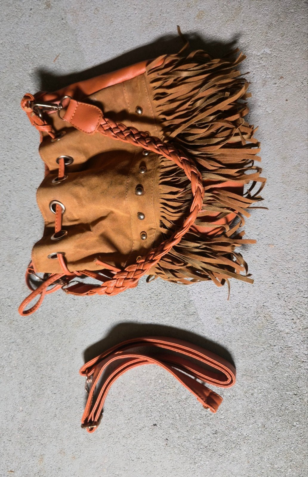 Boho Franje Tas - Oranje/Bruin Schoudertasje, Ophalen of Verzenden, Gebruikt, Oranje, Schoudertasje