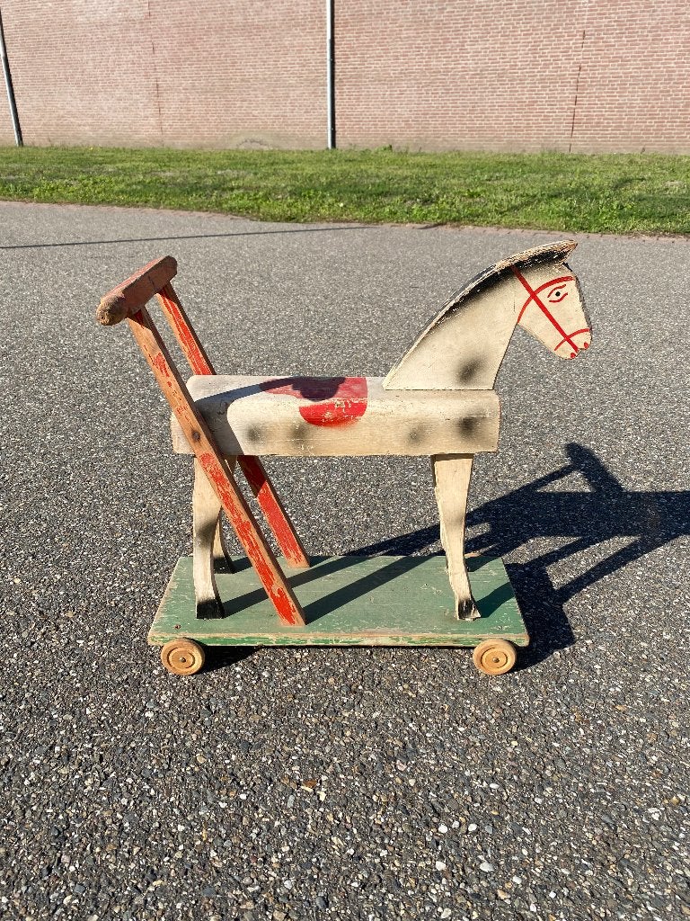 Vintage houten speelgoed duw paard, Ophalen of Verzenden