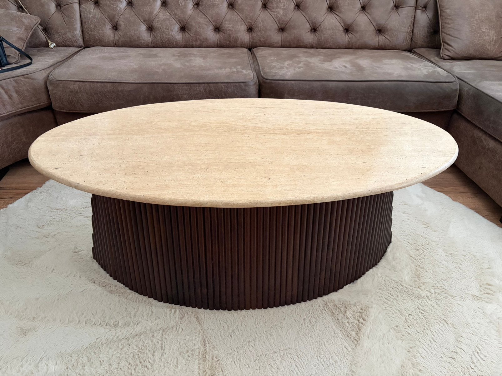 Luxe travertijn salontafel Japandi stijl, Ophalen, 100 tot 150 cm, 50 tot 100 cm, Zo goed als nieuw