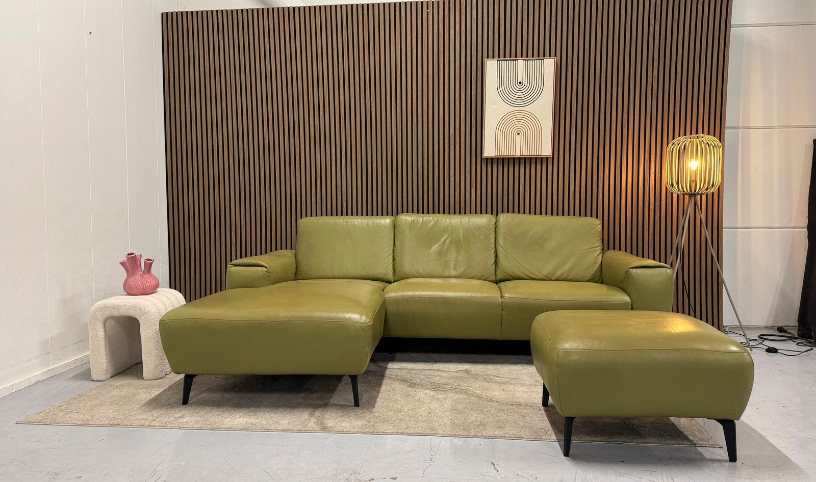 Montel - Hoekbank + Hocker - Donker Groen Semi Aniline Leer, Leer, Ophalen of Verzenden, Zo goed als nieuw, 150 cm of meer