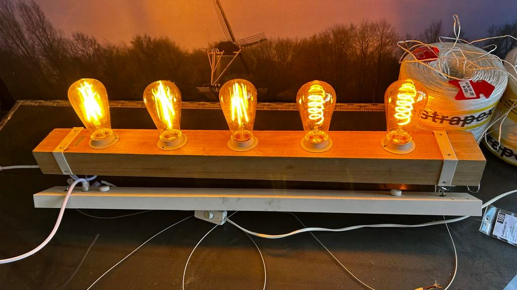 Houten balk lamp met 5 Edison gloeilampen, Ophalen of Verzenden, Nieuw