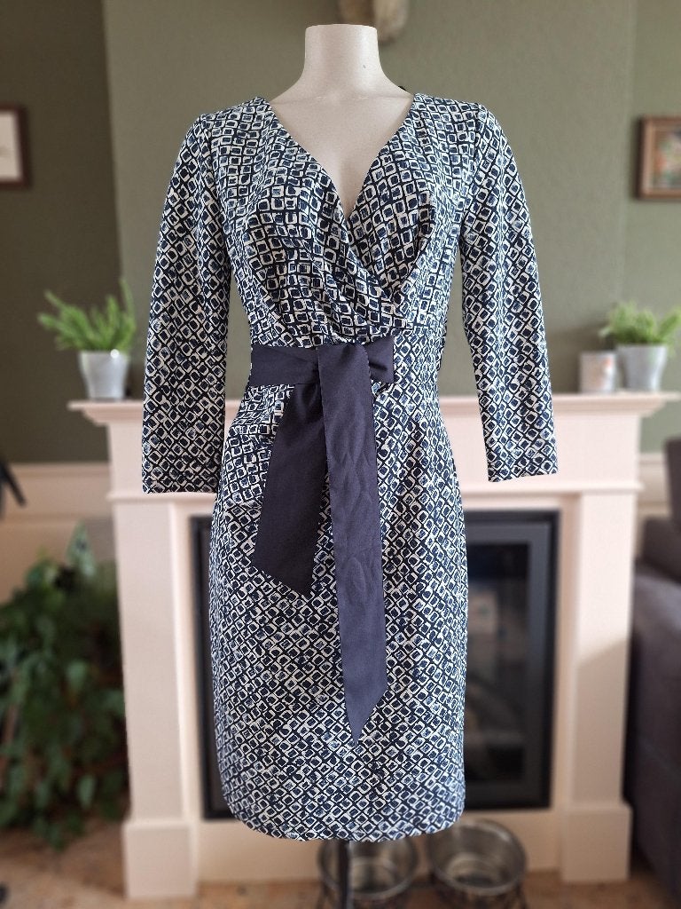 Barbara Schwarzer jurk blauw crème M 40, Maat 38/40 (M), Barbara Schwarzer, Zo goed als nieuw, Knielengte