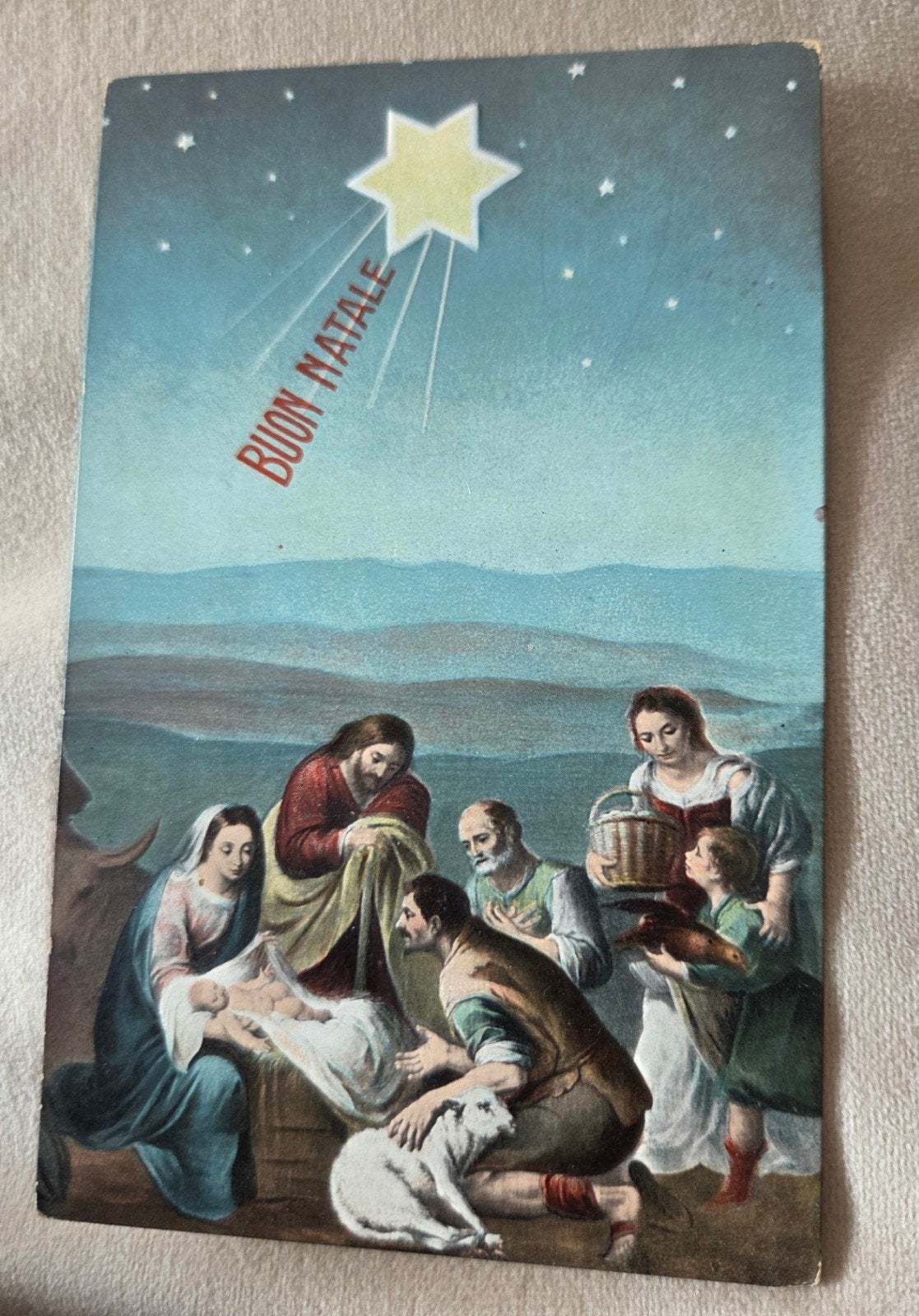 Oude kerstkaart 'Buon Natale' met kerststal, 1920, Verzamelen, Verzenden, 1920 tot 1940, Gelopen, Feest(dag)