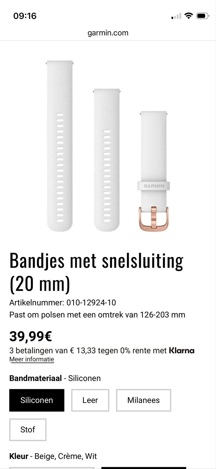 Garmin Quick Release Band 20mm - Wit met Roségoud, Ophalen of Verzenden, Nieuw, Wit