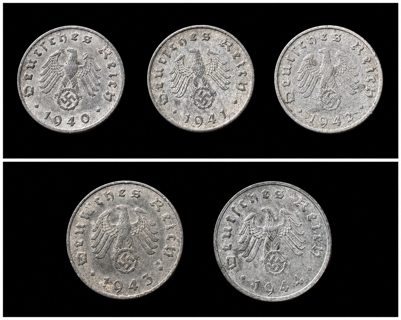 Set van 5 Duitse 10 Reichspfennig munten (1940-1944), Ophalen of Verzenden