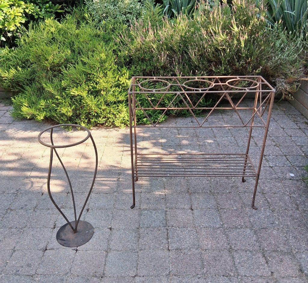 Brocante ijzeren plantenrek + plantenstandaard - roestig, Tuin en Terras, Ophalen, Gebruikt, Balkon, Metaal