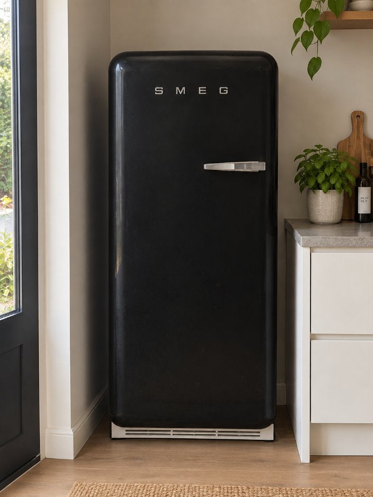 Zwarte SMEG retro koelkast met vriesvak – €150, Witgoed en Apparatuur, Ophalen, Gebruikt, 200 liter of meer, 60 cm of meer