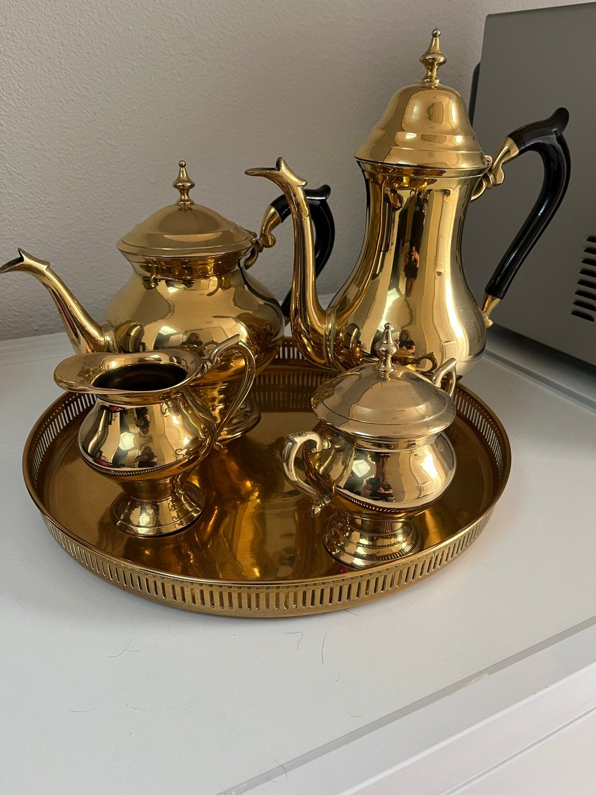 Vintage Messing Koffie- en Theeservies op Dienblad, Antiek en Kunst, Ophalen