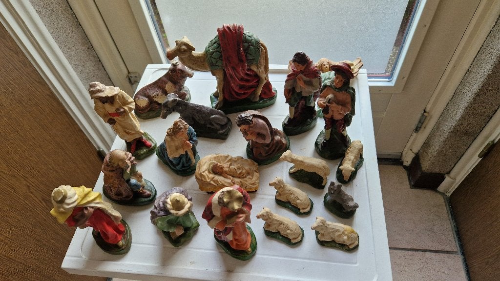 vintage kerstgroep beelden aardewerk gips, Diversen, Kerst, Ophalen of Verzenden, Gebruikt