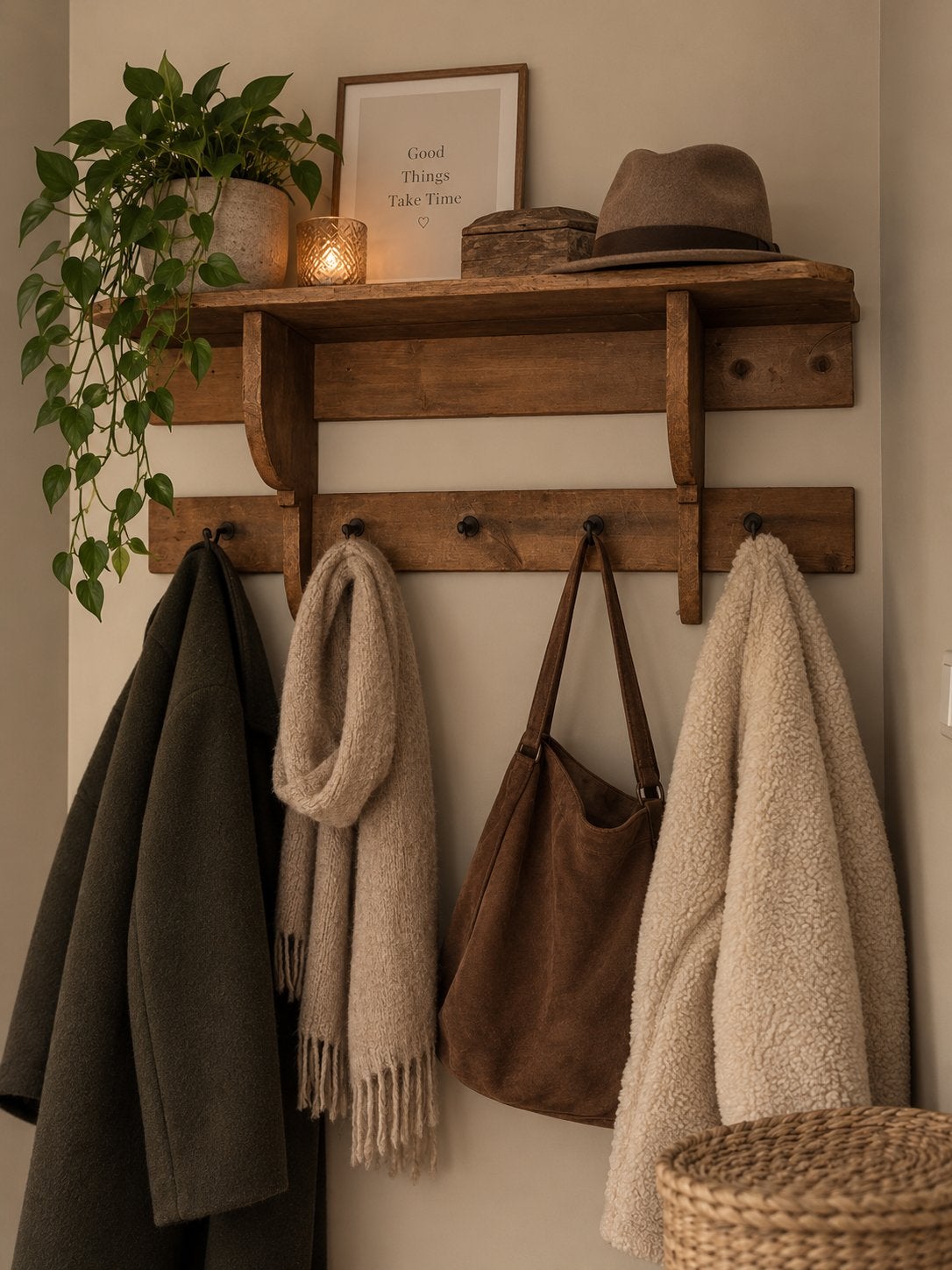 Oude houten kapstok met hoedenplank–brocante landelijk 95 cm, Huis en Inrichting, Wandkapstok, Ophalen of Verzenden, Zo goed als nieuw