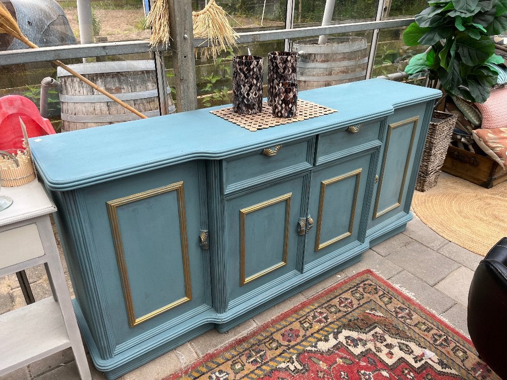 Mooi Dressoir kleur Petrol Blauw met Goudaccenten, Ophalen, Gebruikt, Met deur(en), 200 cm of meer