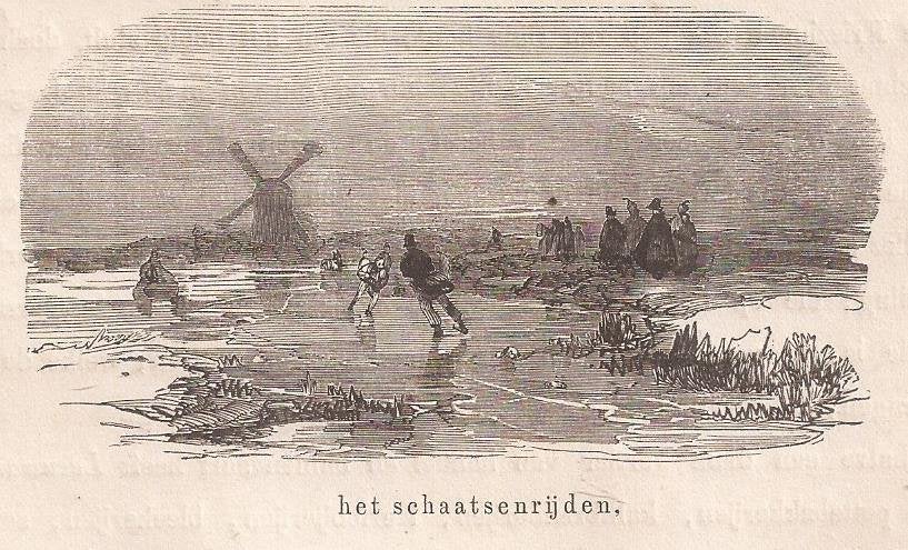 Het Schaatsenrijden Houtgravure 1857 Friesland