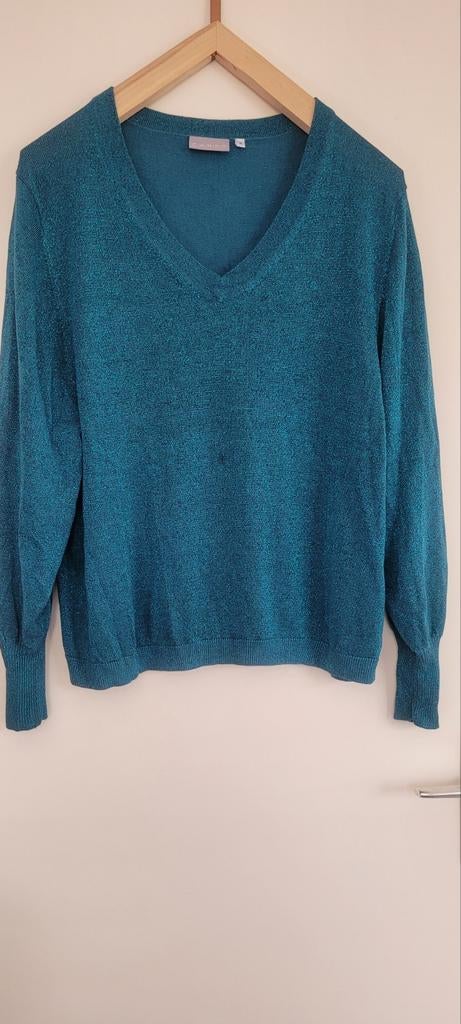 Zacht dun glitter truitje  aqua tintje met V-hals - Maat M, Kleding | Dames, Truien en Vesten, Maat 38/40 (M), Ophalen of Verzenden
