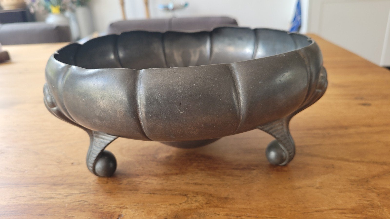 Vintage tinnen fruitschaal op pootjes, Antiek en Kunst, Ophalen