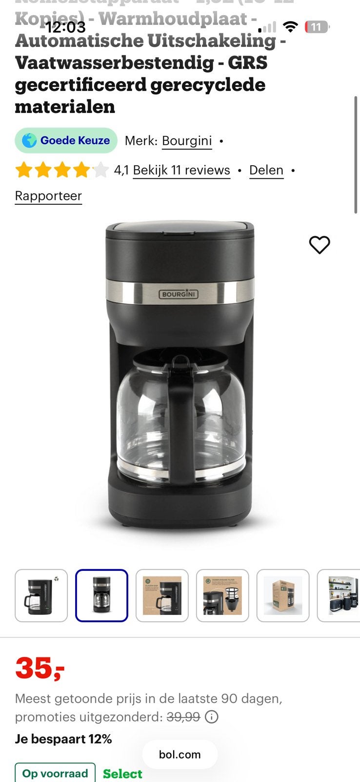 koffieapparaat bourgini, Witgoed en Apparatuur, Ophalen of Verzenden, Gebruikt, Koffiemachine