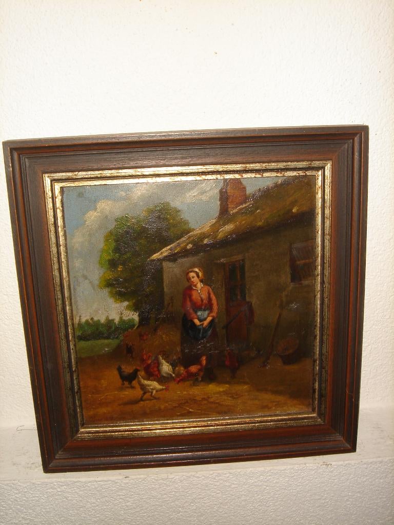 Antique oil painting - P. Rens ( 1875), Woman with chickens., Ophalen of Verzenden